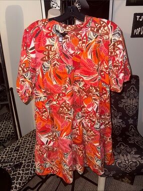 Tropical Leaf Print Mini Dress in Red-Orange